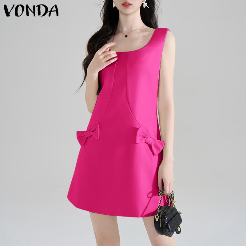 VONDA Women Sleeveless Side Zip-up Bow Knot Casual Mini Dress