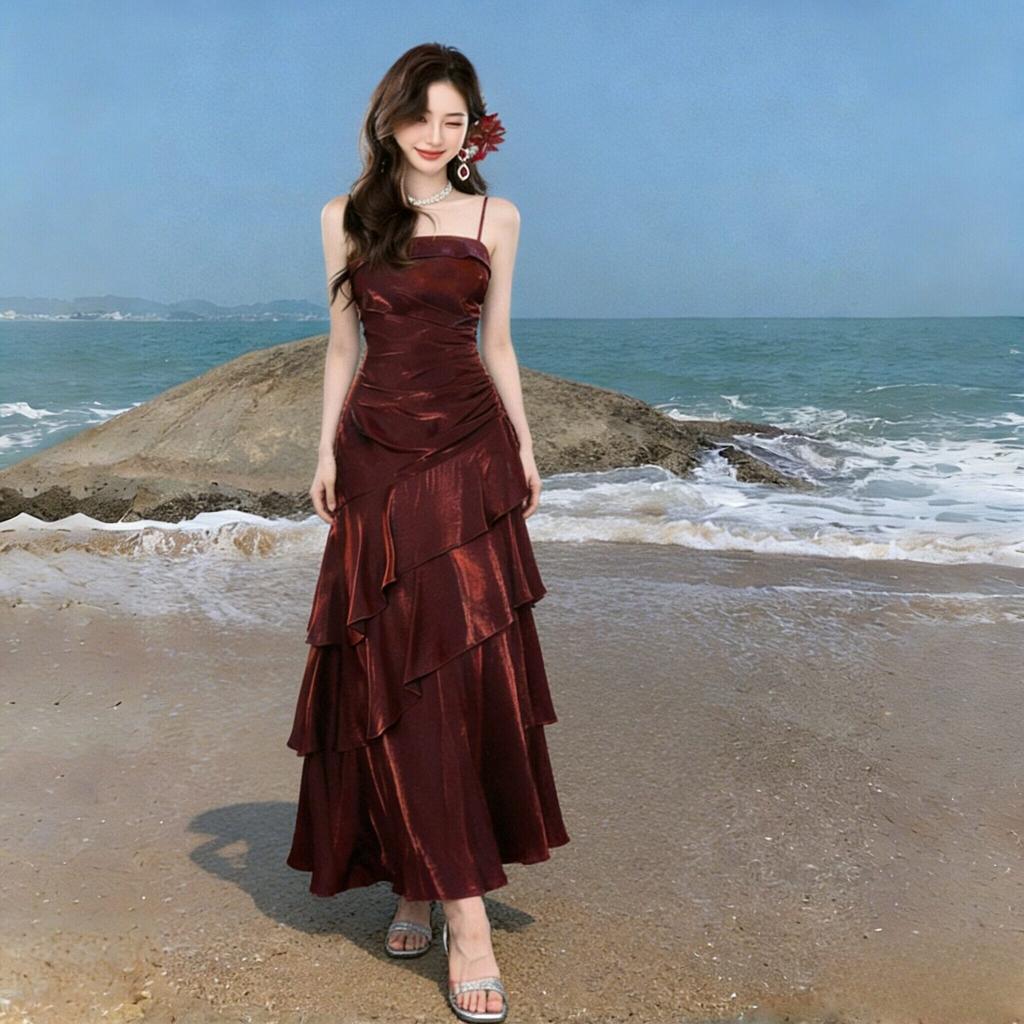 Suspender Evening Dress Women's New Banquet Temperament Slim Engagement Can Usually Wear Champagne Cake Dress