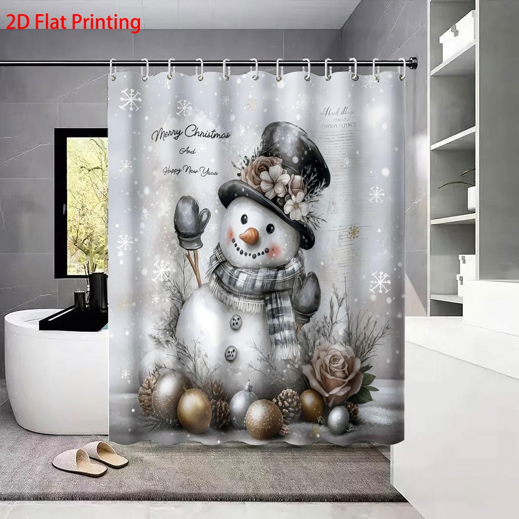 4pcs Christmas Cute Snowman Printed Bathroom Set 180x180 Waterproof Shower Curtain Floor Mat Toilet Mat U-shaped Mat