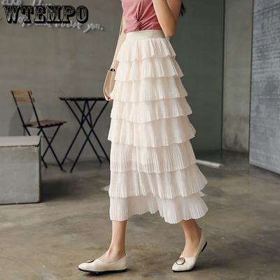 Summer Mesh Chiffon Half Skirt Pleated Skirt High Waist Slim Mid Length Cake Skirt