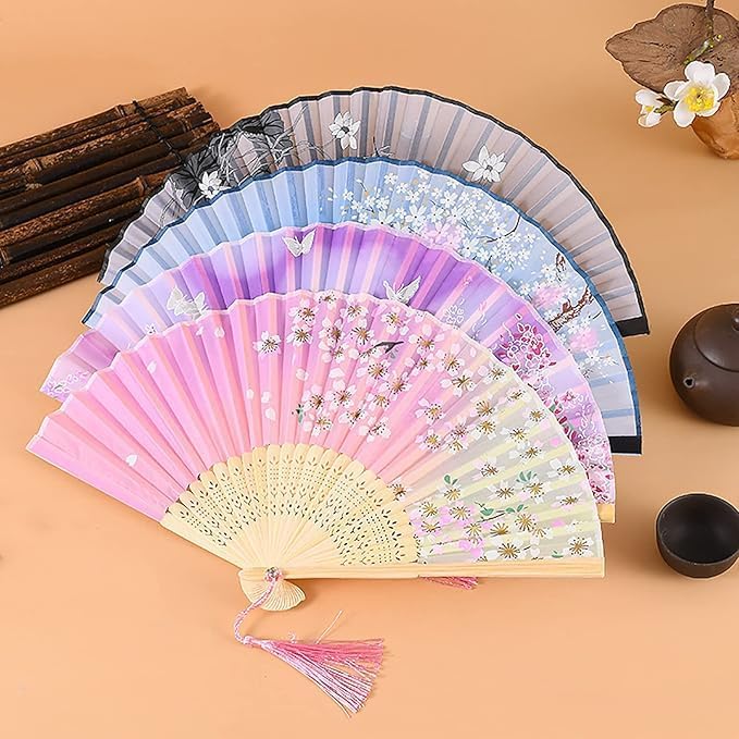 Jinchuan Folding Fan with Fan Bag and Gift Japanese Style Silk Folding Fan with Japanese Cherry and Butterfly Kimono for Women and Gift Blue Women's