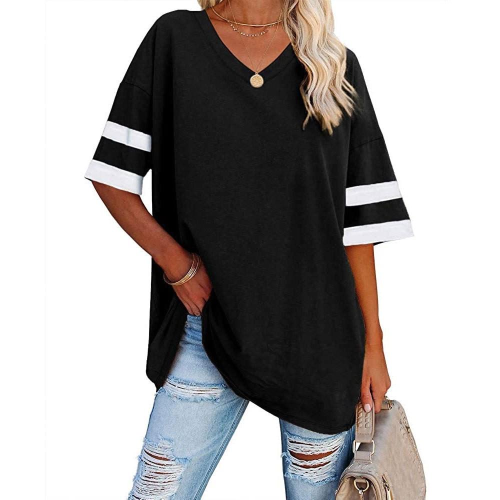 Ladies Loose Half Sleeve V Neck Contrasting Color Oversized T-Shirt Top