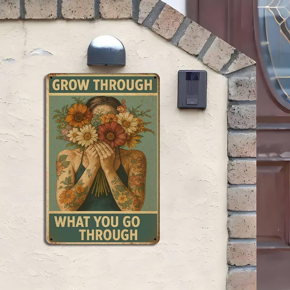 1pc Sign Funny Retro Tin Sign, Flower Pot Head Grow Through What You Go Through Sign Mental Health Sign Pot Head Sign