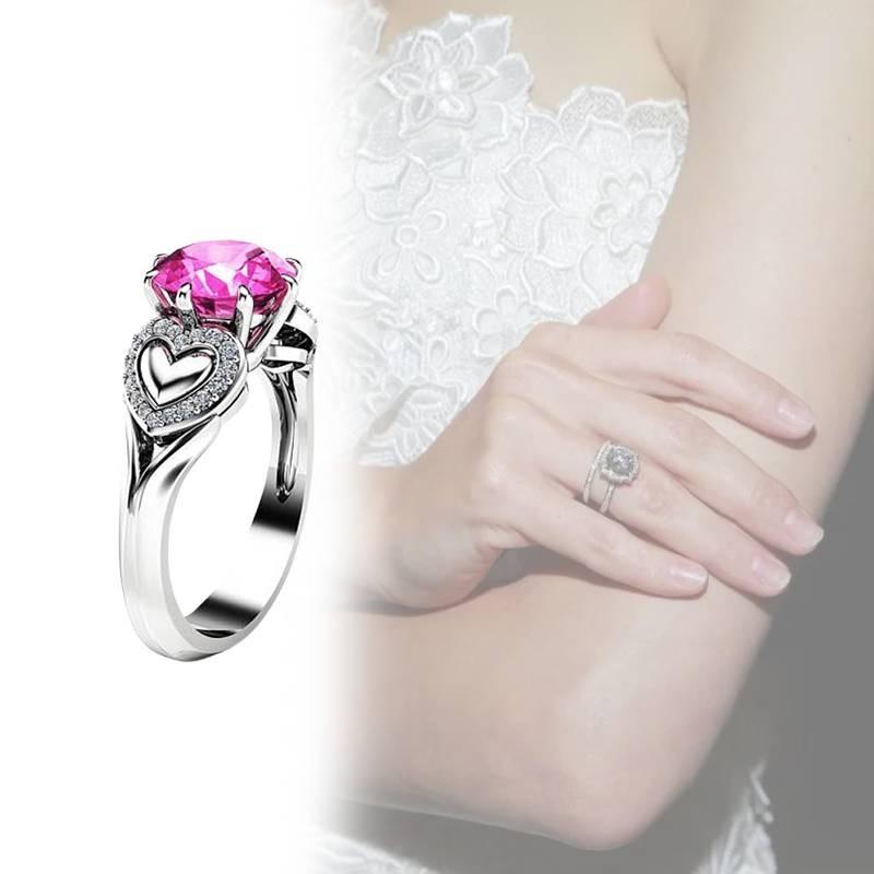 Bague Tendance en Forme de Cœur avec Cristal Zircon Rose et Anneau Réglable Plaqué Argent pour Femmes