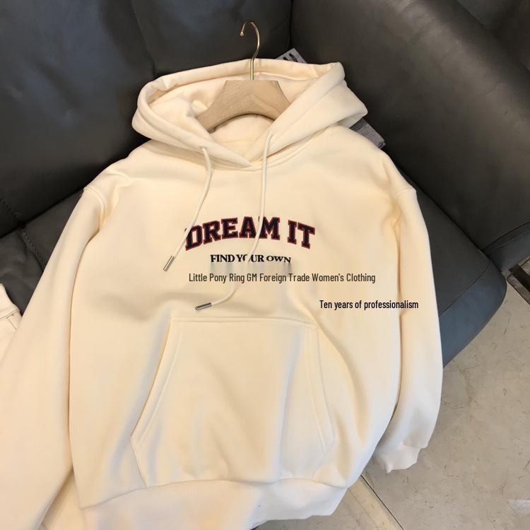 Trendy Autumn/Winter Velvet-Lined Hooded Sweatshirt for Women: Loose, Stylish, Lazy Design.