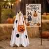 Festive Entryway Decor Halloween Lighted Ghost Porch Goose Outfit And Flag Set for 23 Inch Statue, Spooky Clothes with Pumpkin Bucket Outdoor