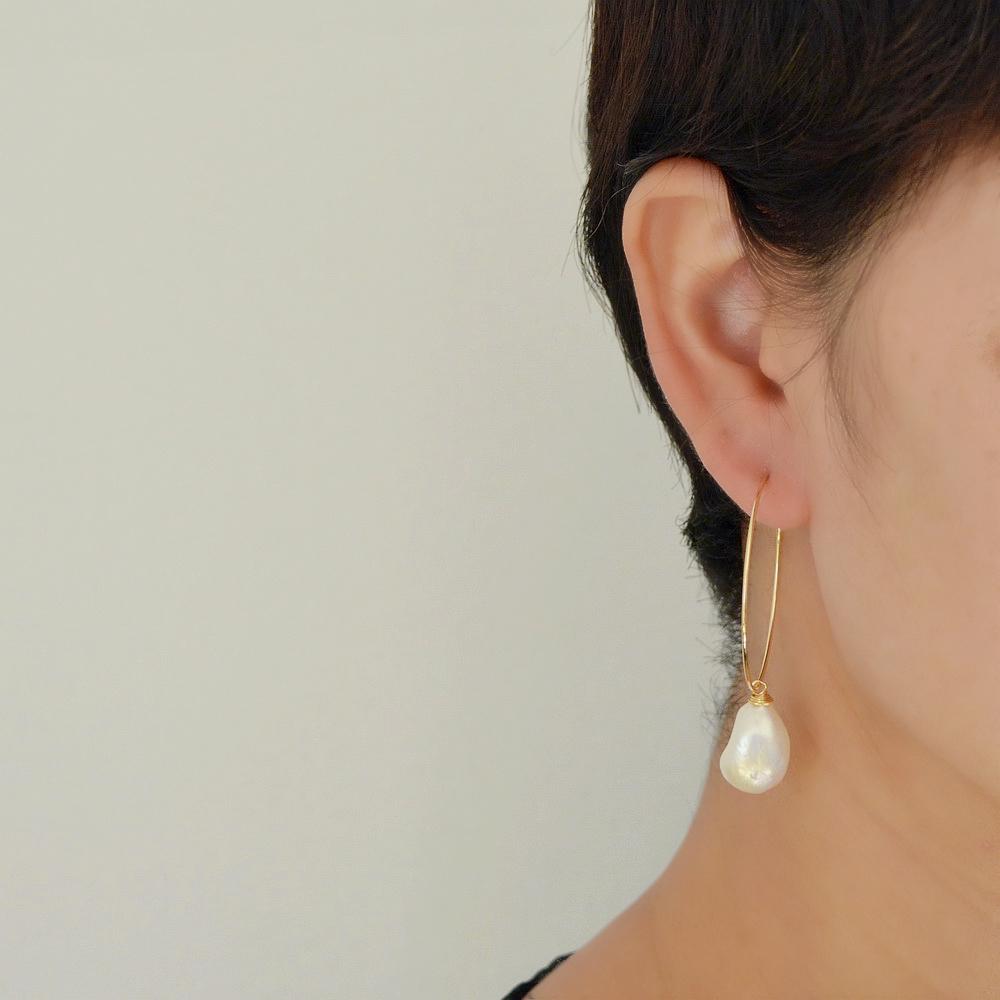 Round Earrings White Natural Freshwater Pearls Large Gold Earrings Baroque Pearls Handmade Gold Earrings Women's Earrings