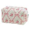Cute Bow Floral Makeup Bag with Zipper Makeup Organizer Storage Bag Cotton Quilted Cosmetic Organizer Case Large for Women Girls