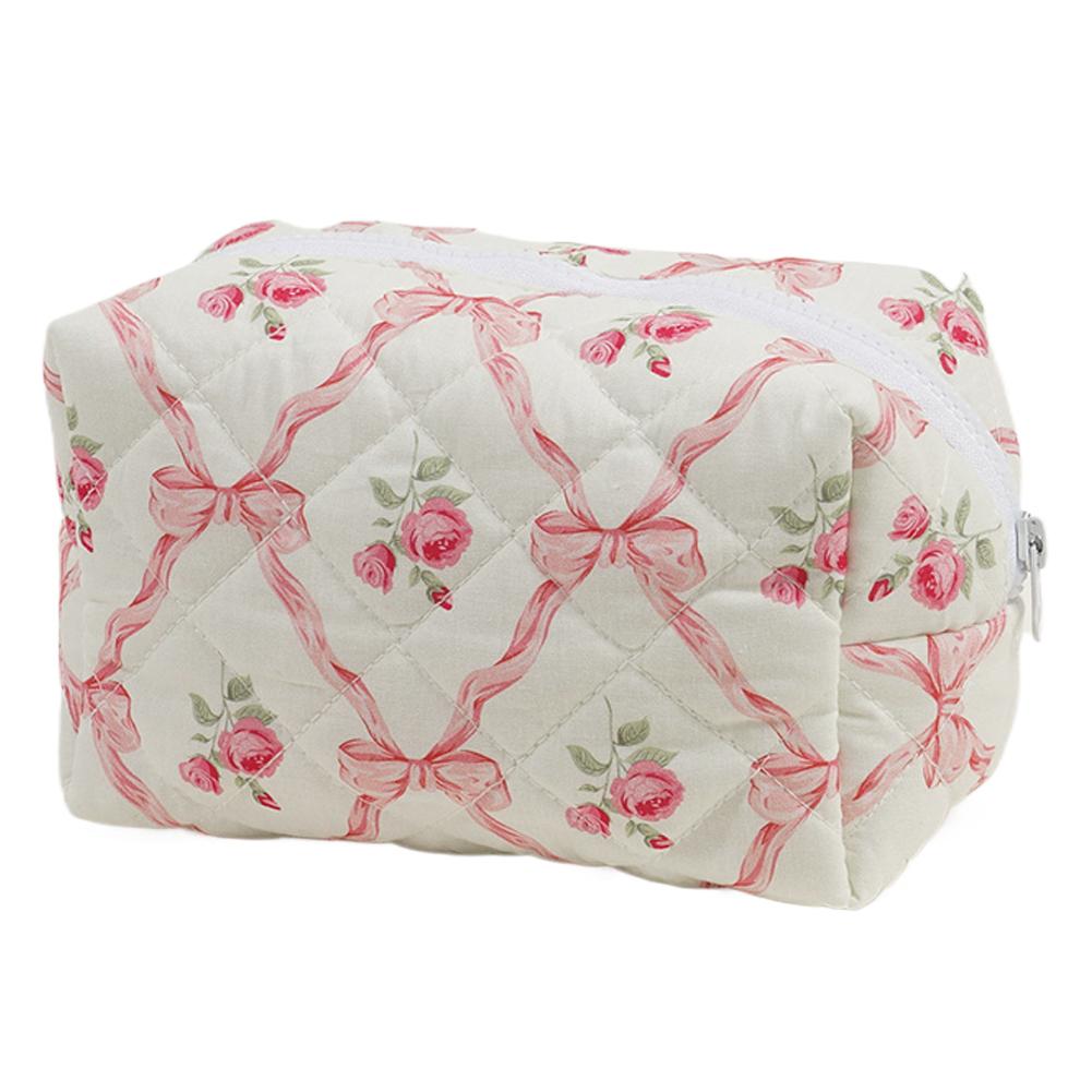 Cute Bow Floral Makeup Bag with Zipper Makeup Organizer Storage Bag Cotton Quilted Cosmetic Organizer Case Large for Women Girls