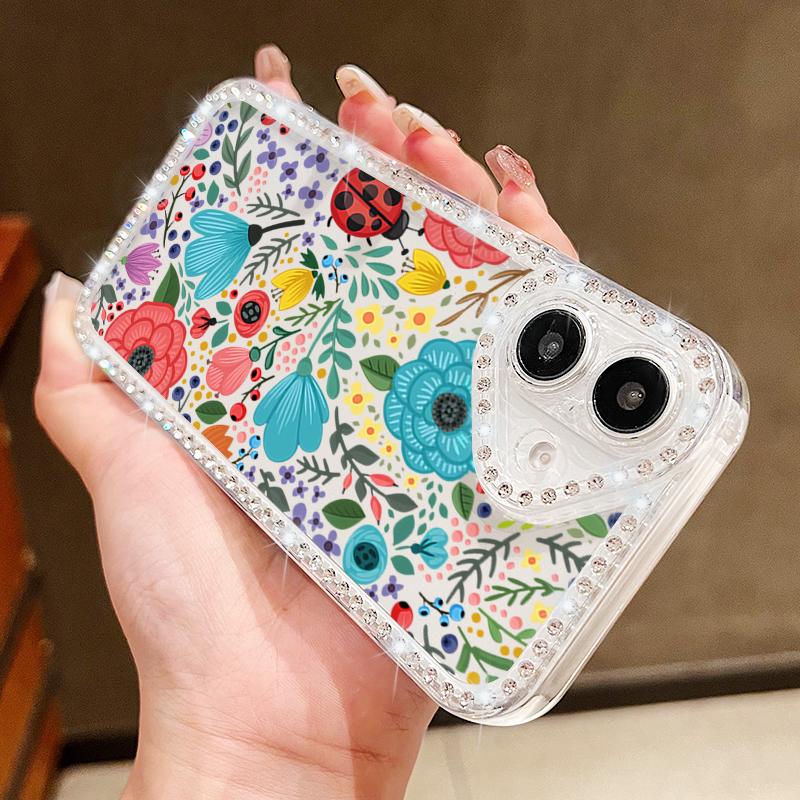 Floral Pattern Clear Shockproof Phone Case For iPhone 16E 16 Pro Max 15 Pro 14 13 12 11 Diamond Frame Anti-Fall Soft Silicone Bumper Cover