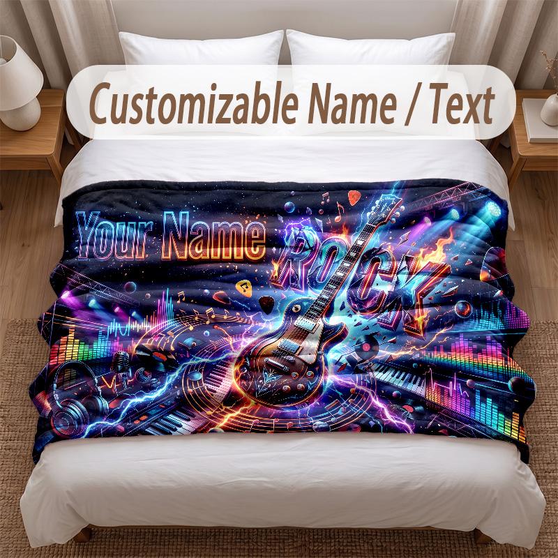 Music Guitar Theme Soft Blanket Personalized Custom Name Text Print Warm Blanket Home Sofa Bedroom Decor