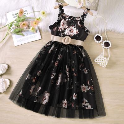 Girls Spring and Summer Mesh Dresses Middle and Older Children Ruffled Sleeveless Mid-length Dresses