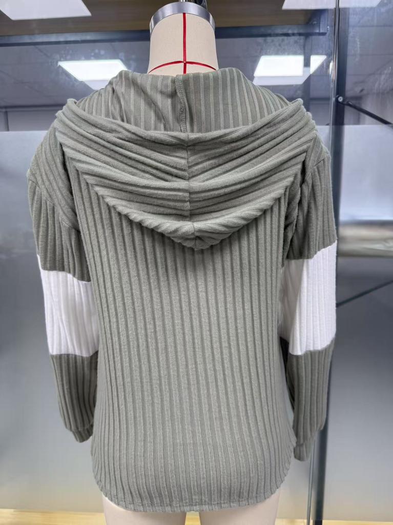 Dames S Kleurblok Capuchon Rits Casual Warme Gebreide Jas