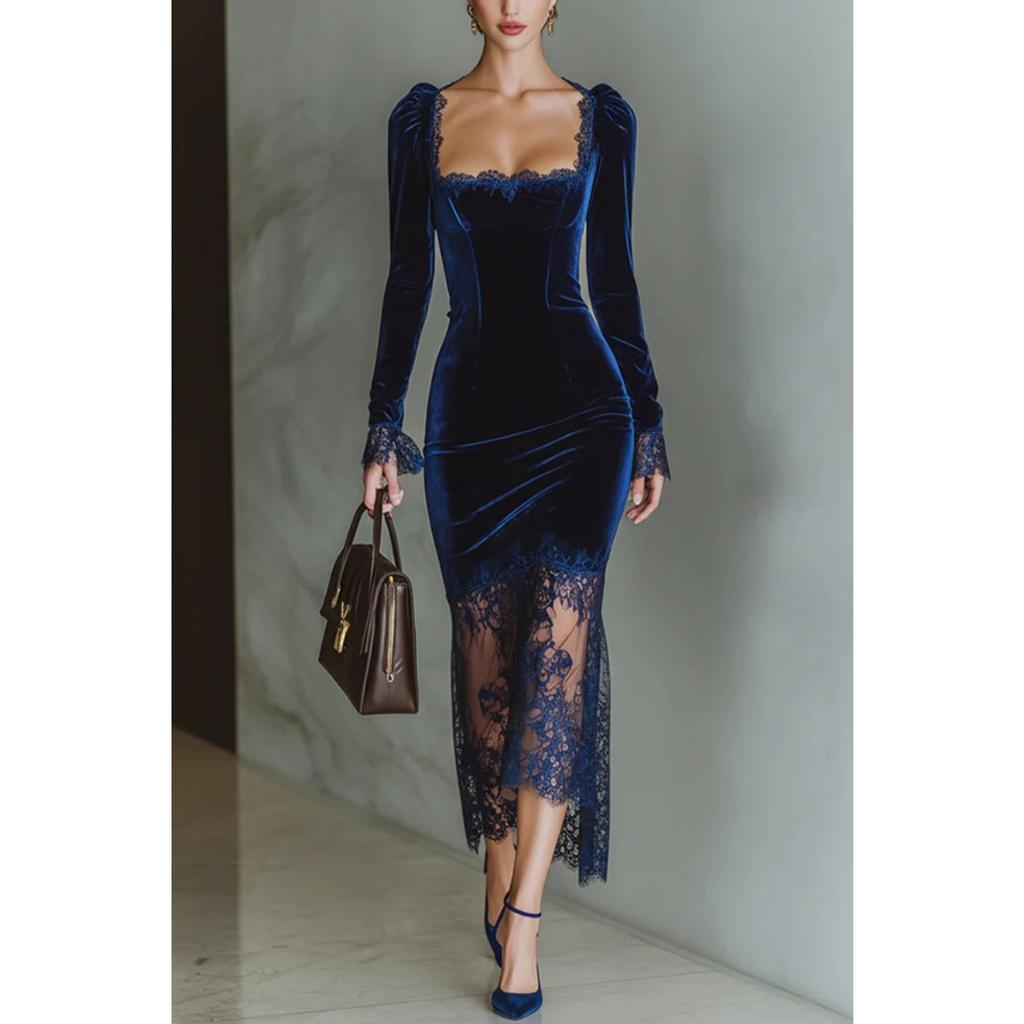 French Style Lace Patchwork Evening Party Dress for Women, Elegant Ladies Cocktail Gown for European & American, Formal Occasion Dress