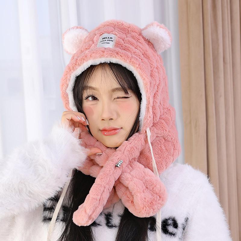 Damen Plüschbär-Mütze & Schal-Set für Herbst/Winter – warmer Ohrenschutz & Halstuch