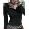 Women's Striped Color Block Fake Two-Piece Long Sleeve Button-Up Top