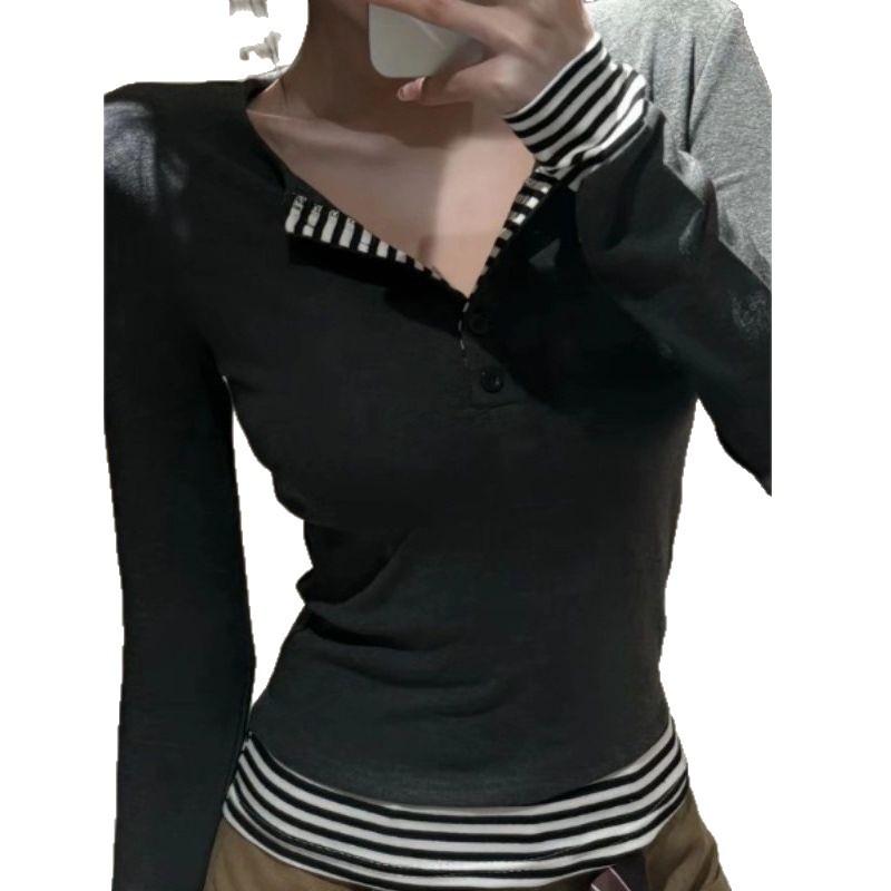 Women's Striped Color Block Fake Two-Piece Long Sleeve Button-Up Top