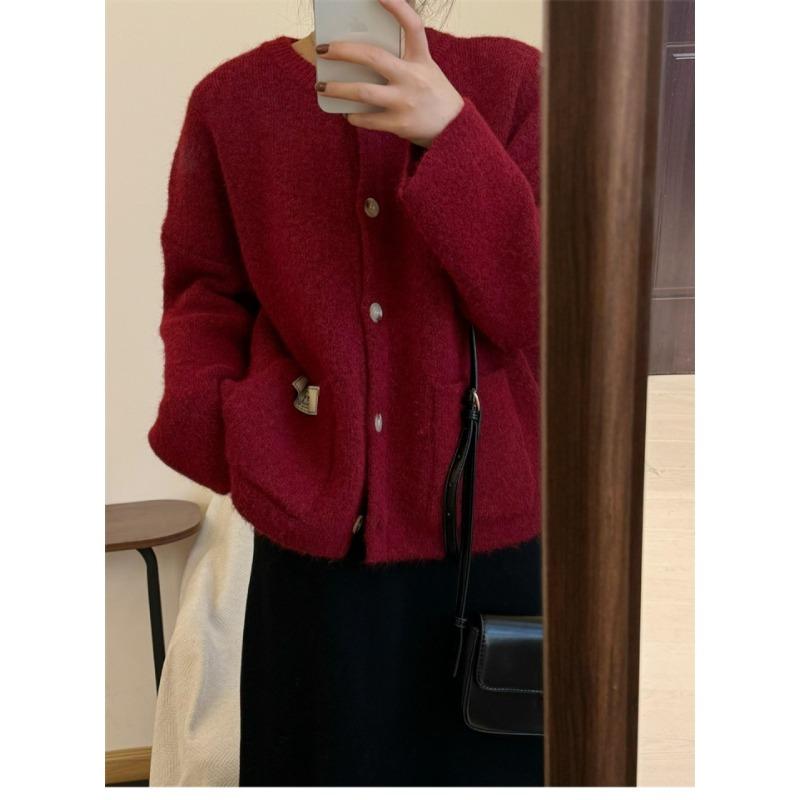 Autumn and winter new gentle soft waxy knitted cardigan women's loose lazy wind crew neck sweater jacket top