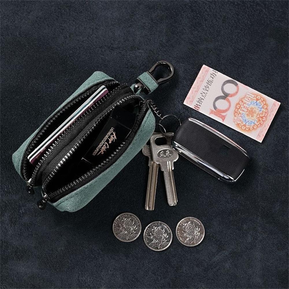 Portefeuille porte-clés portable pour hommes et femmes, grande capacité, double fermeture éclair, porte-clés en cuir suédé, porte-monnaie unisexe