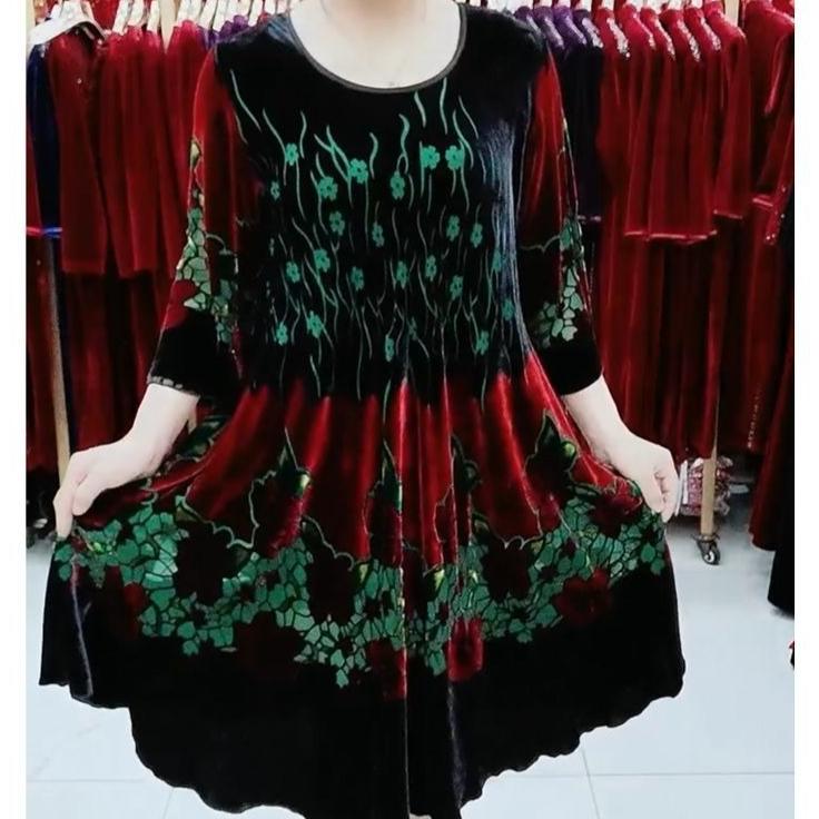 100% Silk Dress for Women Loose Jacquard A-Line Flocked Dress Vintage Soft Skin-Friendly Printed Velvet Dress Spring and Summer