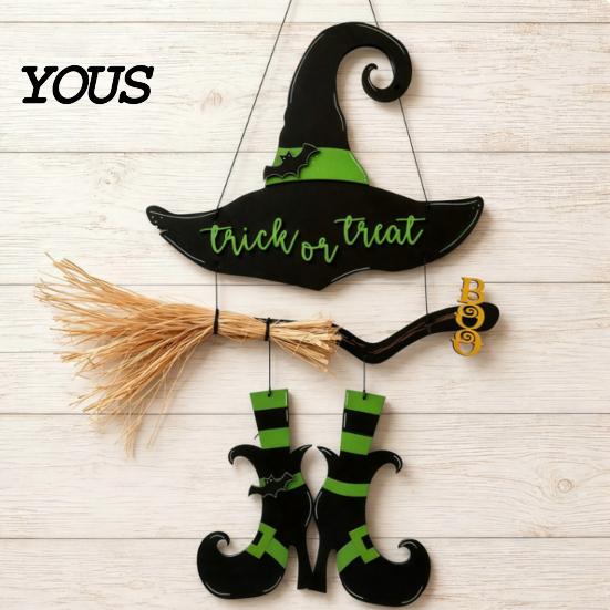Witch Hat Wall Decor Halloween Boot Sign, Hanging Trick or Treat Decoration Entrance for Home Room, Wooden Front Door Hanger Holiday
