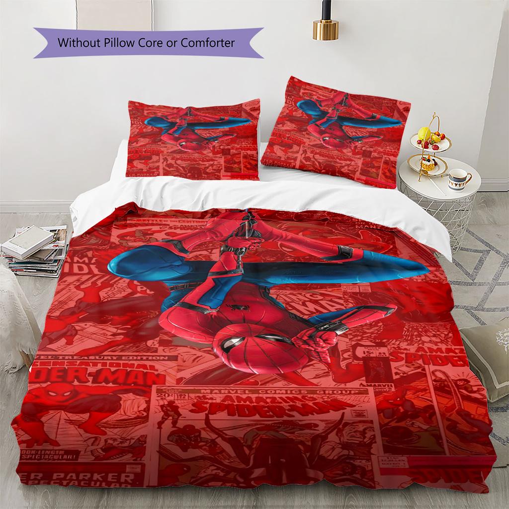 Superhero Series Spider-Man Cartoon Pattern Bedroom Three-piece Duvet Cover Bedding Set for Children.