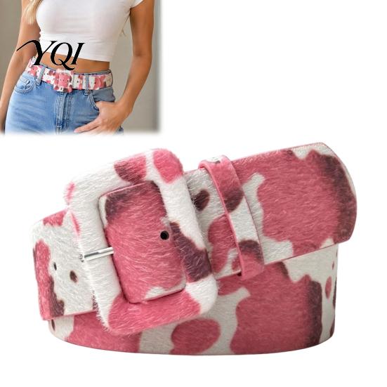 Stylish Metal Pin Buckle Belt Women Cow Pattern Belt, Imitation Horse Hair Leather Waist Casual Fabric Covered Band for Jeans Dresses