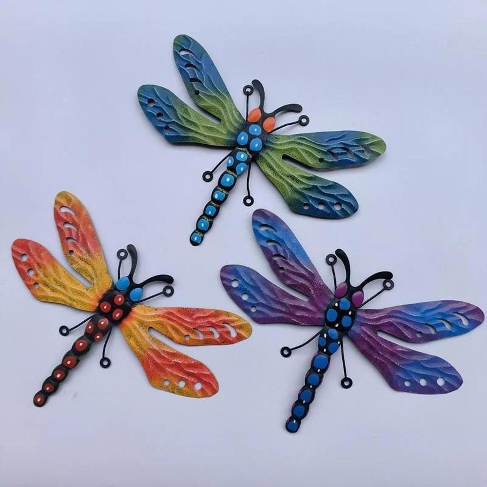 1 Pcs Outdoor Dragonfly Bee Decoration Colorful 3d Iron Wall Hanging Art Sculpture Garden Supplies Garden Statues Sculptures