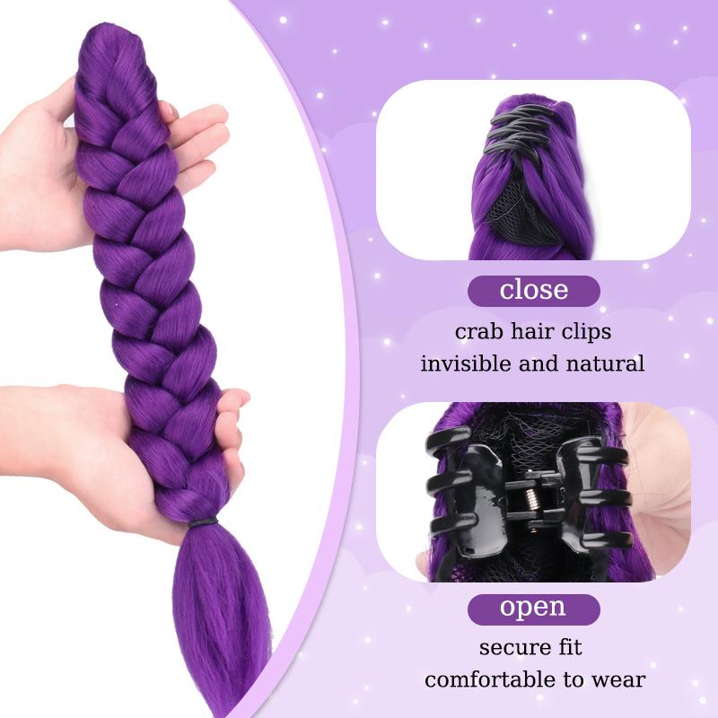 18palcové fialové pletené vlasy Ponytail Rozšíření Paruka Sponka do vlasů Ponytail Krabí sponky do vlasů pro děti Párty Cosplay Použití Fialová paruka