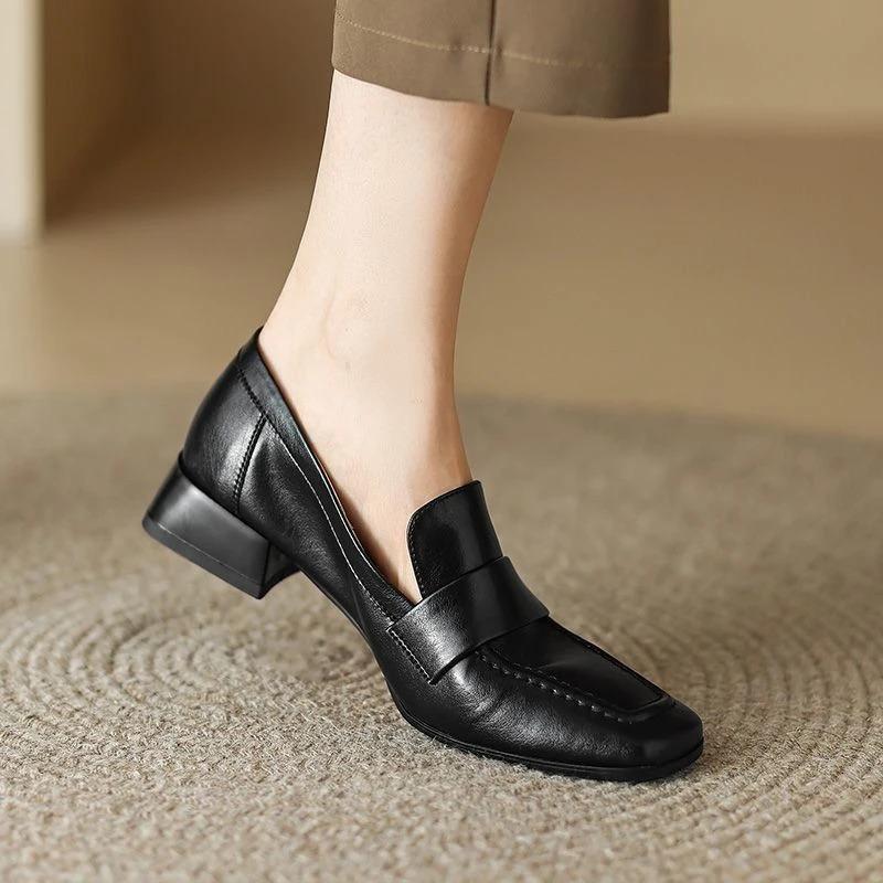 Women's Soft Leather Loafers Spring Autumn Soft Slip On Chunky Heel Versatile Loafers Women British Style Shoes