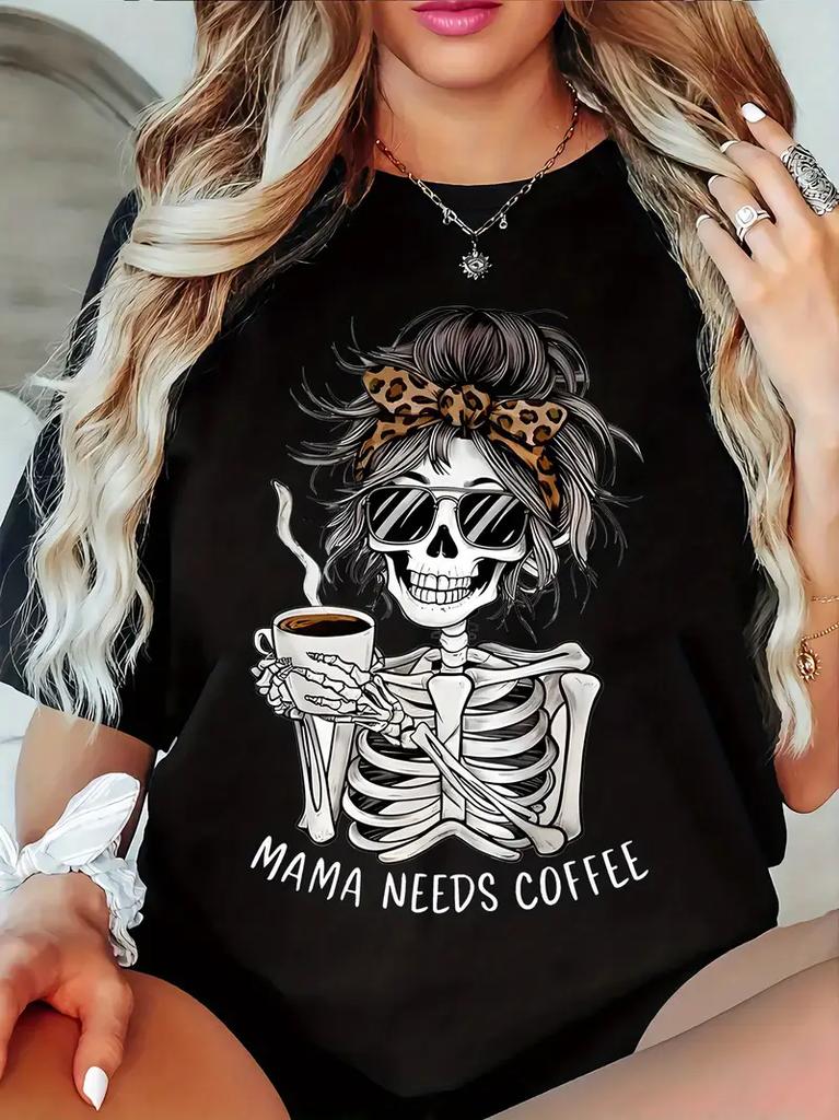2025 Vintage Unisexs Casual Graphic Skeleton Coffee Art Print Short Sleeve T Shirt Clothing Top Tee