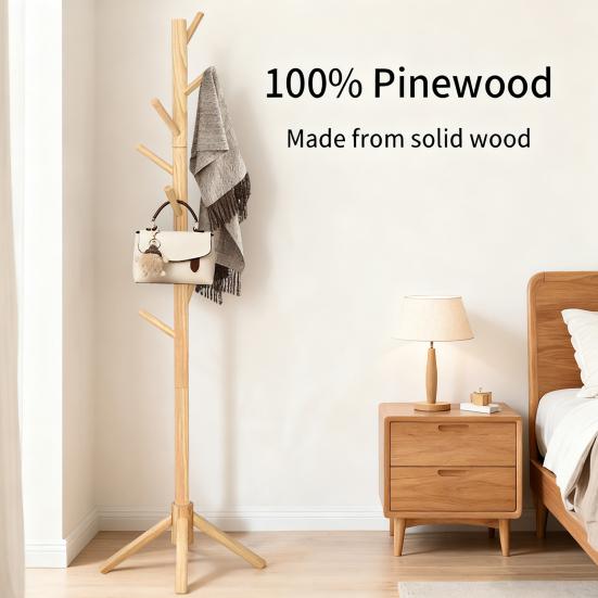 Wooden Freestanding Coat Rack Heavy Duty Adjustable Coat Tree Hallway Entrance Living Room Bedroom Hats Coats Scarves Handbags Hanger Stand