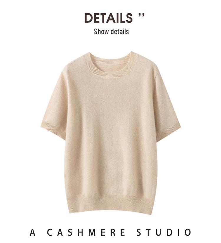 Twelve-Needle Women's Solid Cashmere Knit Pullover: Flat Round Neck, Short-Sleeved, Versatile Design