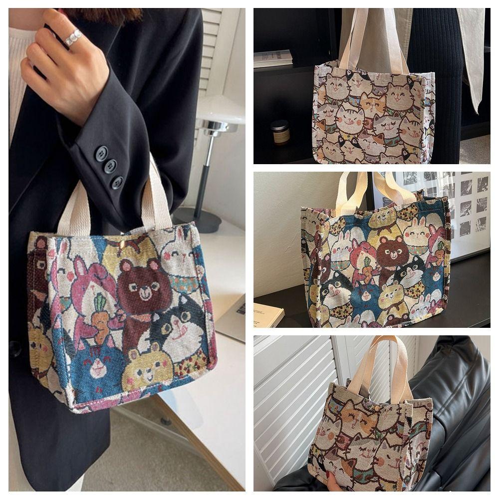 

Холстовая большая сумка с мультяшным котом и льняной переносной девушкой