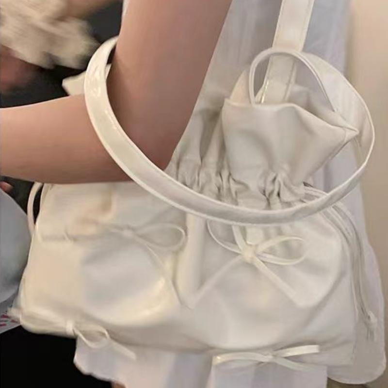Korean Niche Designer Style Pleated Drawstring Bucket Bag Tote Bag Sweet Bowknot Handheld Underarm Shoulder Bag