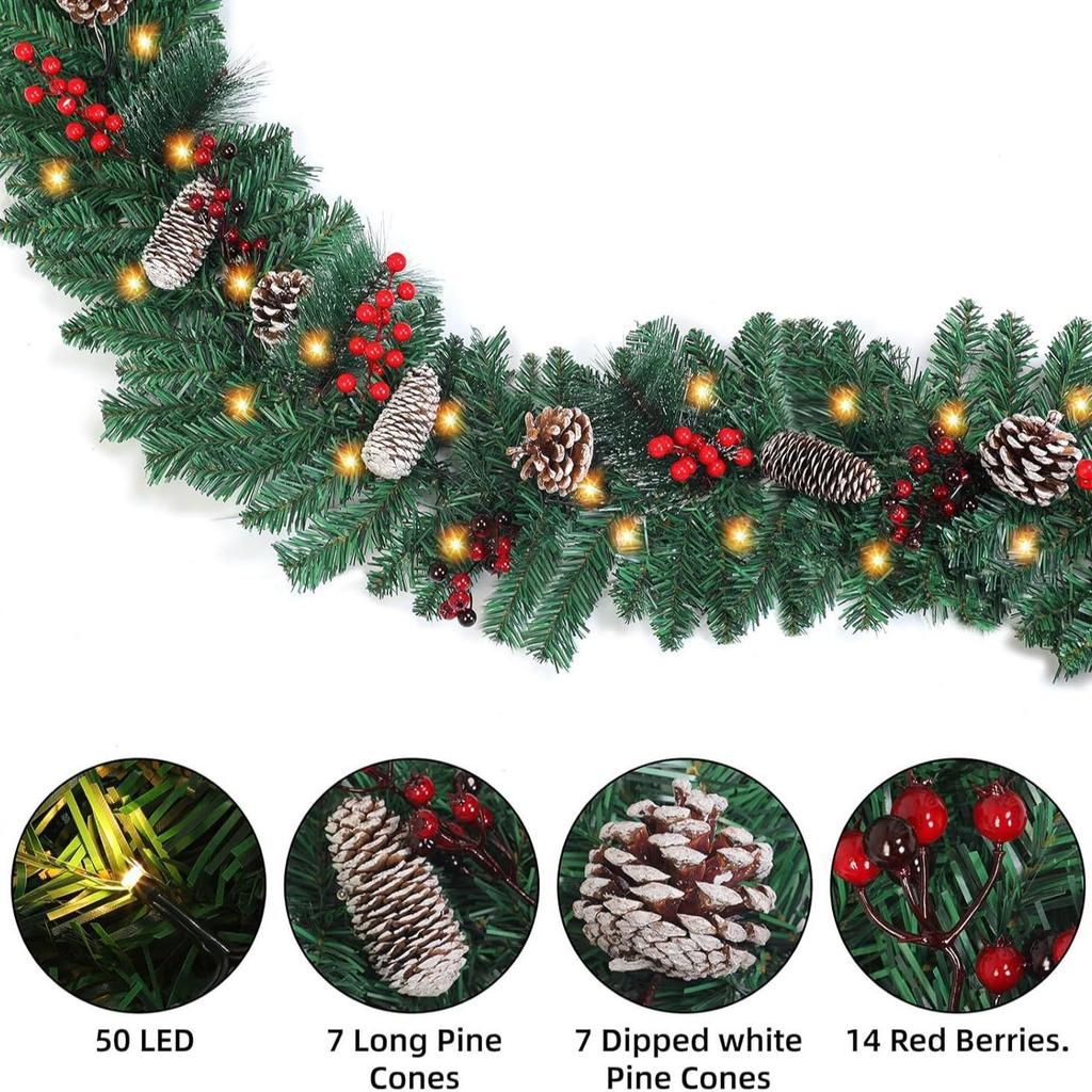 Weihnachtsszene Dekoration: Baumranken-Paket mit Tannenzapfen, roten Beeren und Ornamenten für Fenster oder Kamin