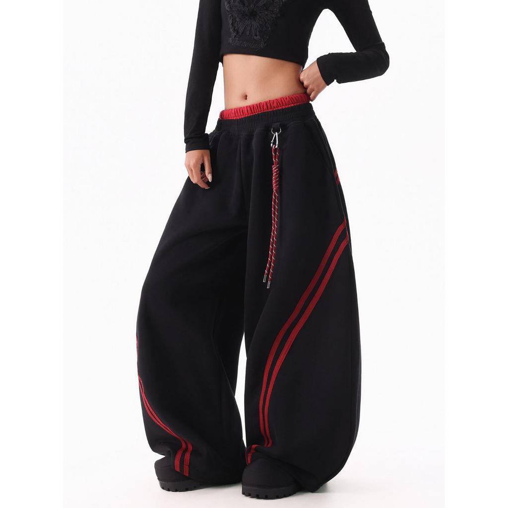 Women's Hip Hop Color Block Striped Sweatpants - Double Waistband, Baggy Fit for Spring/Autumn