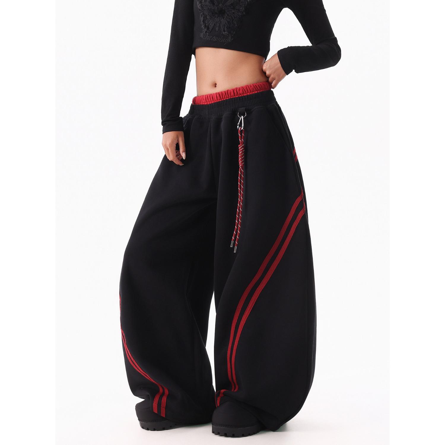 

Women s Hip Hop Color Block Striped Sweatpants - Double Waistband, Baggy Fit for Spring/Autumn Small чёрный
