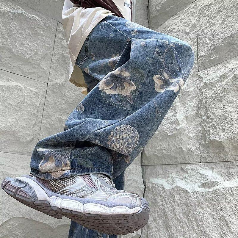 Mens Fashion Printed Jeans Floral Denim Mopping Trousers Korean Style High Street Loose Hip Hop Wide-leg Jean Pants