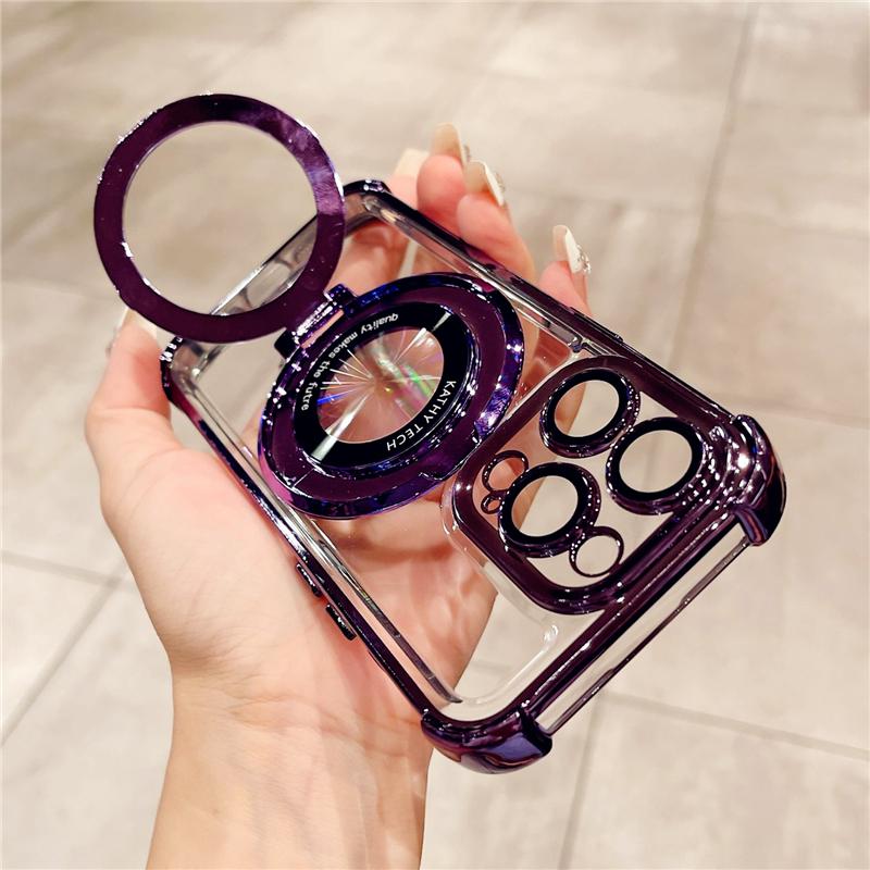 For iPhone 15 Pro Max Luxury Plating Frame Magsafe Magnetic Stand Phone Case For iPhone 11 12 13 14 16Plus Lens Protective Cover