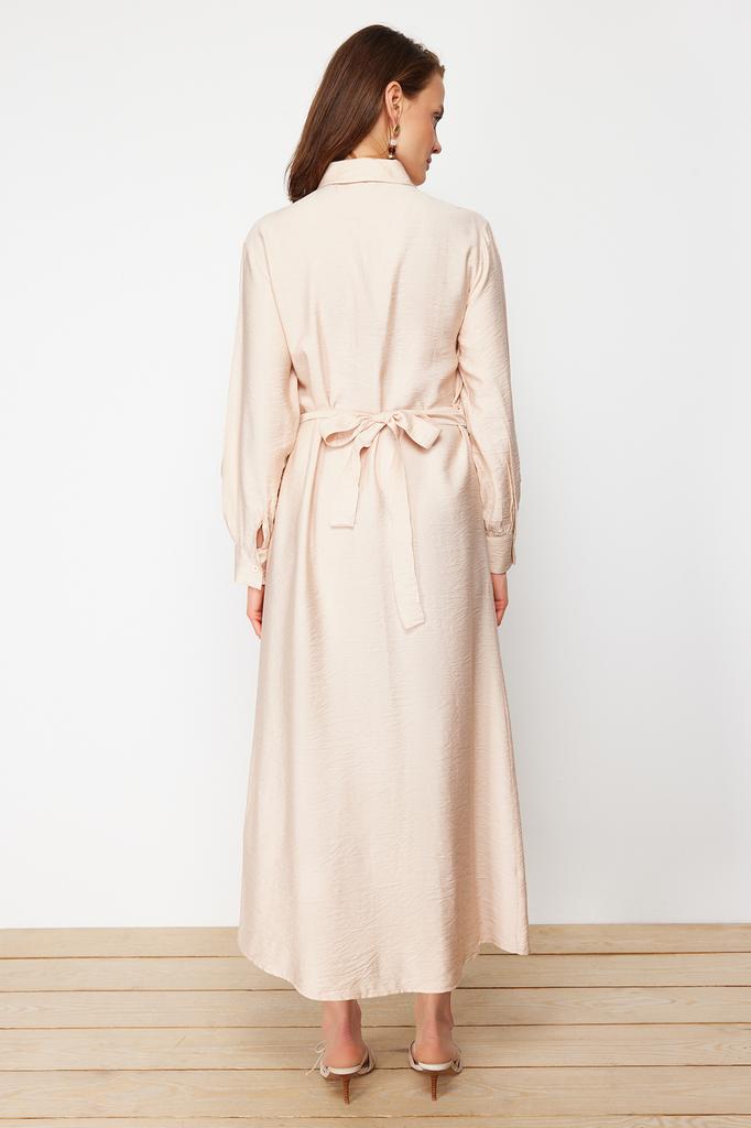 Women's Fashion New Hijab Dress Cinnamon Waist Elastic Belted Pocket Detailed Woven Dress