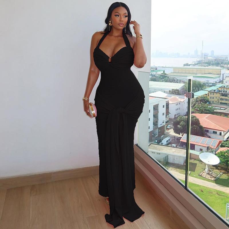 

Border solid color women s clothing tight cross-strap hip skirt European and American style backless pleated neck dress L чорний