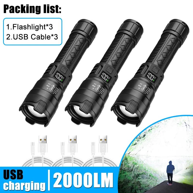Výkonná LED svítilna Super jasná zoomovací svítilna USB dobíjecí s ukazatelem stavu baterie Venkovní nouzová kempingová lucerna