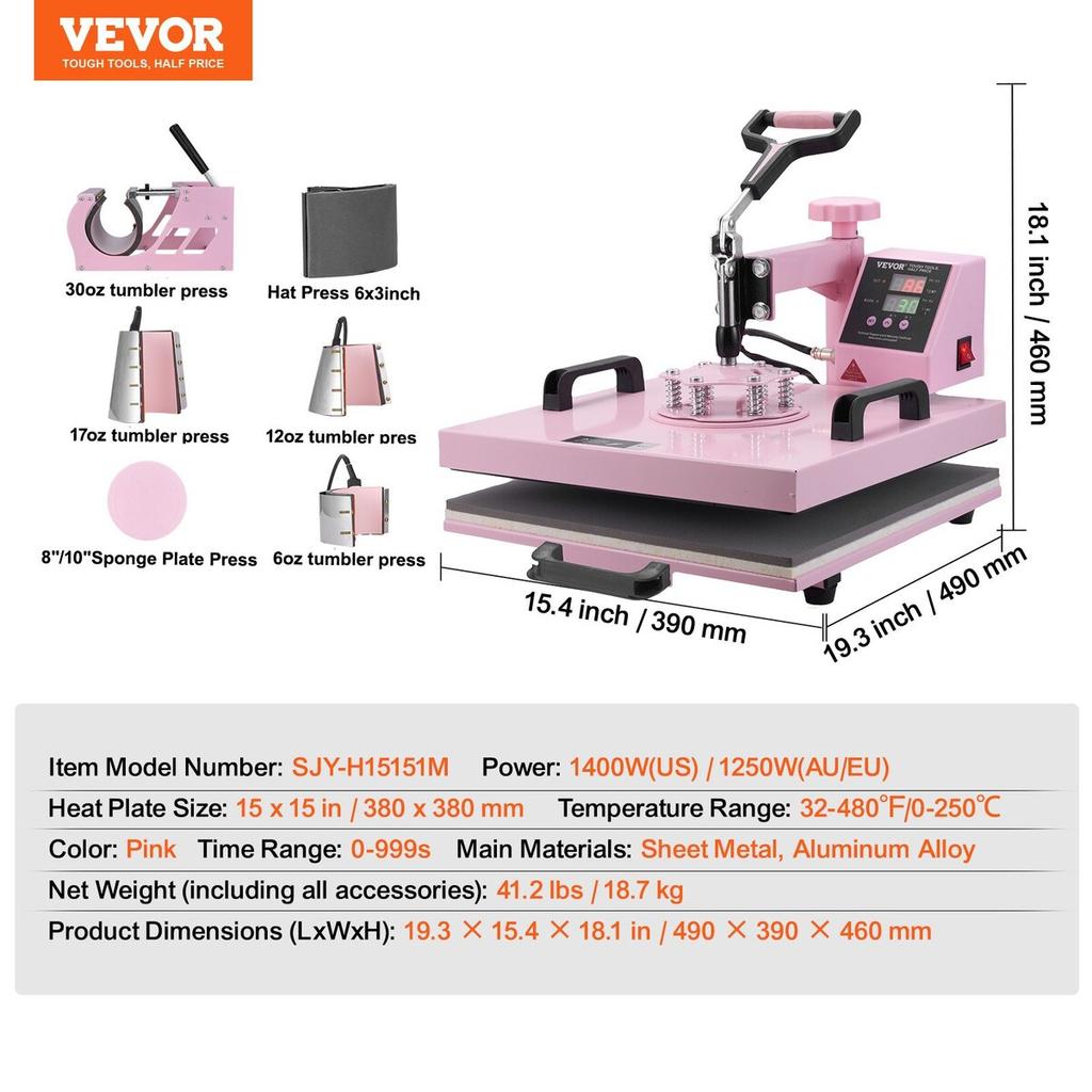 Heat Press Machine 15x15 In 8 In 1 with 30oz Tumbler Press T-Shirts Pink