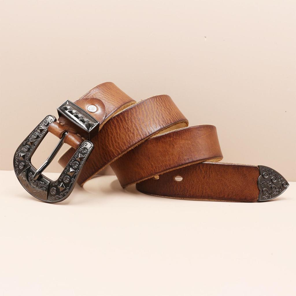 Men's Genuine Leather Western Belt with Texan Buckle - Top Layer Cowhide, Retro Style, Stock Clearance.