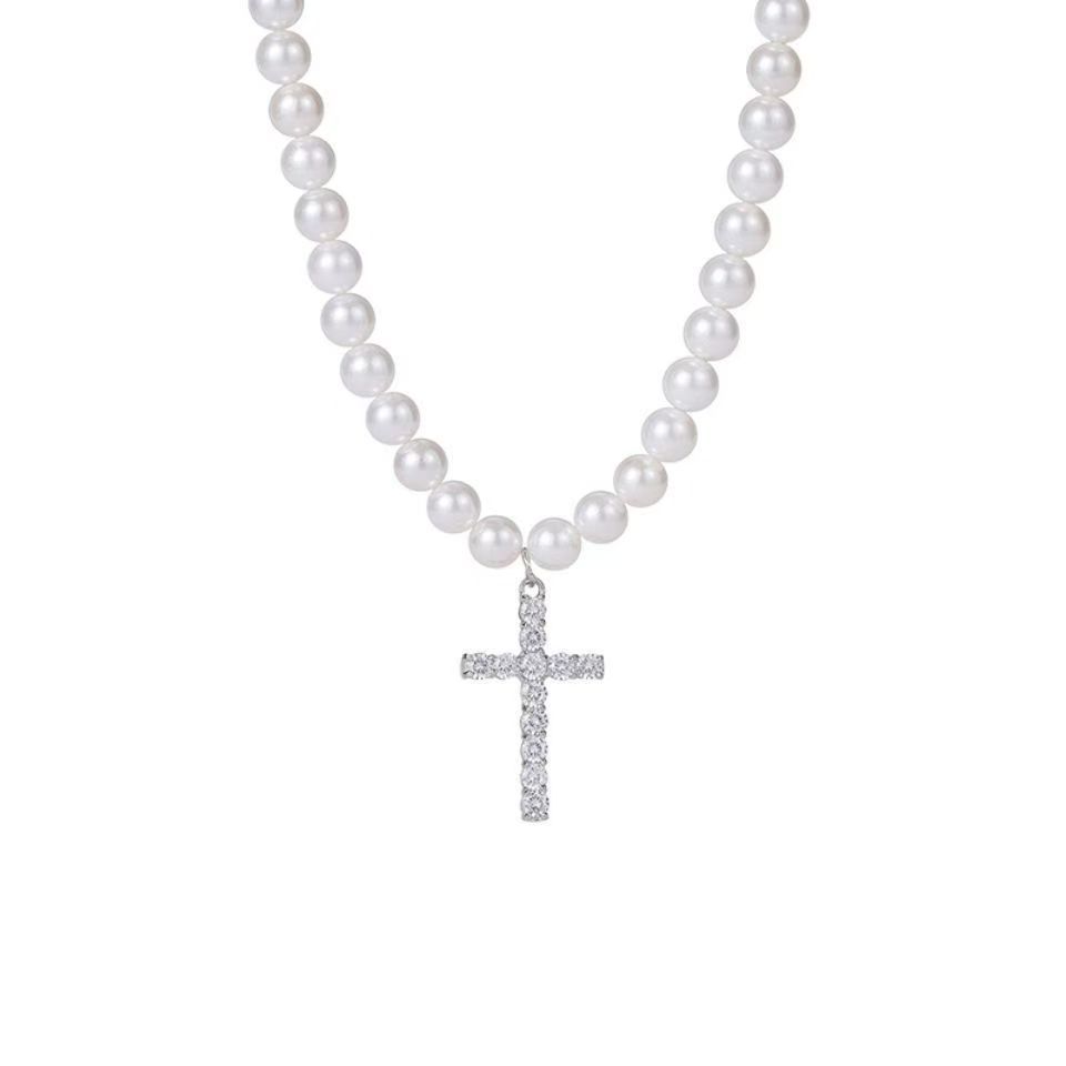

Jewelry Diamond Cross Pearl Necklace Versatile Pendant Neck Chain Men s and Women s Same Collarbone Chain Accessories Europe and America