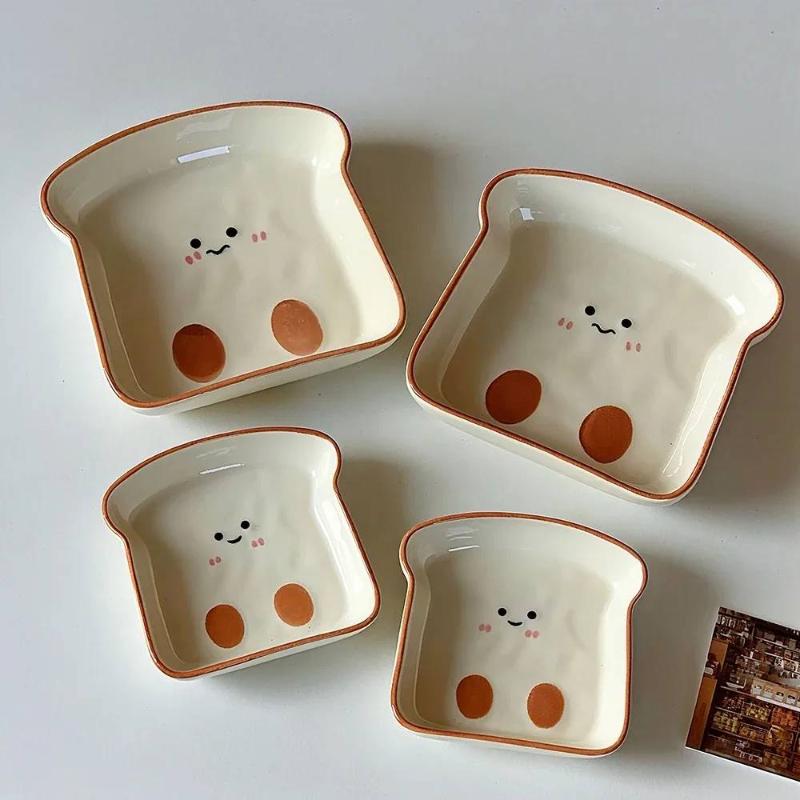 1 Cute Toast-Shaped Ceramic Plate Korean Ins Cartoon Tableware For Home Afternoon Tea Dessert Cake Snack Plate