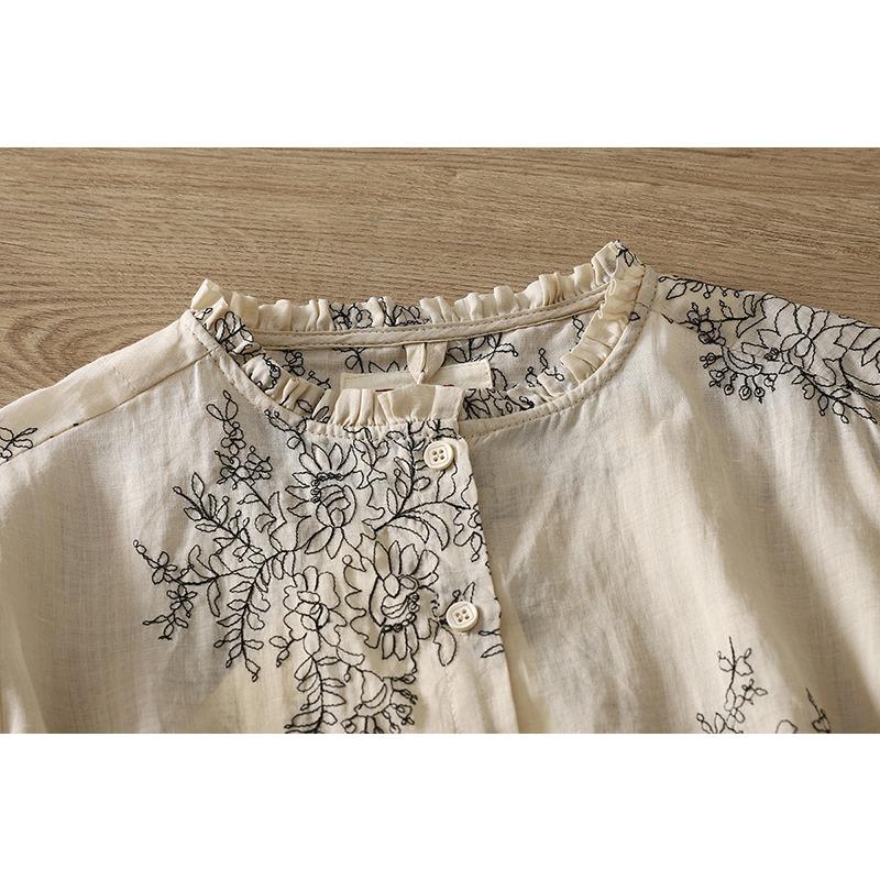 DIMANAF 2026 Women Plus Size New Summer Blouse Shirt Long Sleeve Casual Loose Lady Tops Shirts Linen Embroidery
