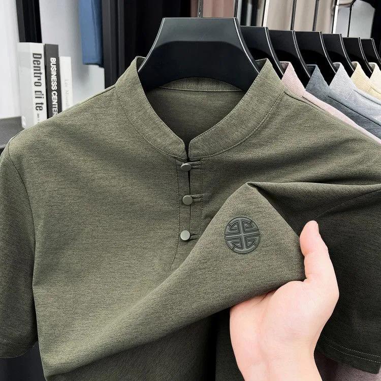 Men s Spring and Summer Mandarin Collar Short Sleeve T-Shirt Casual Chinese Style Button Henley Shirt XS