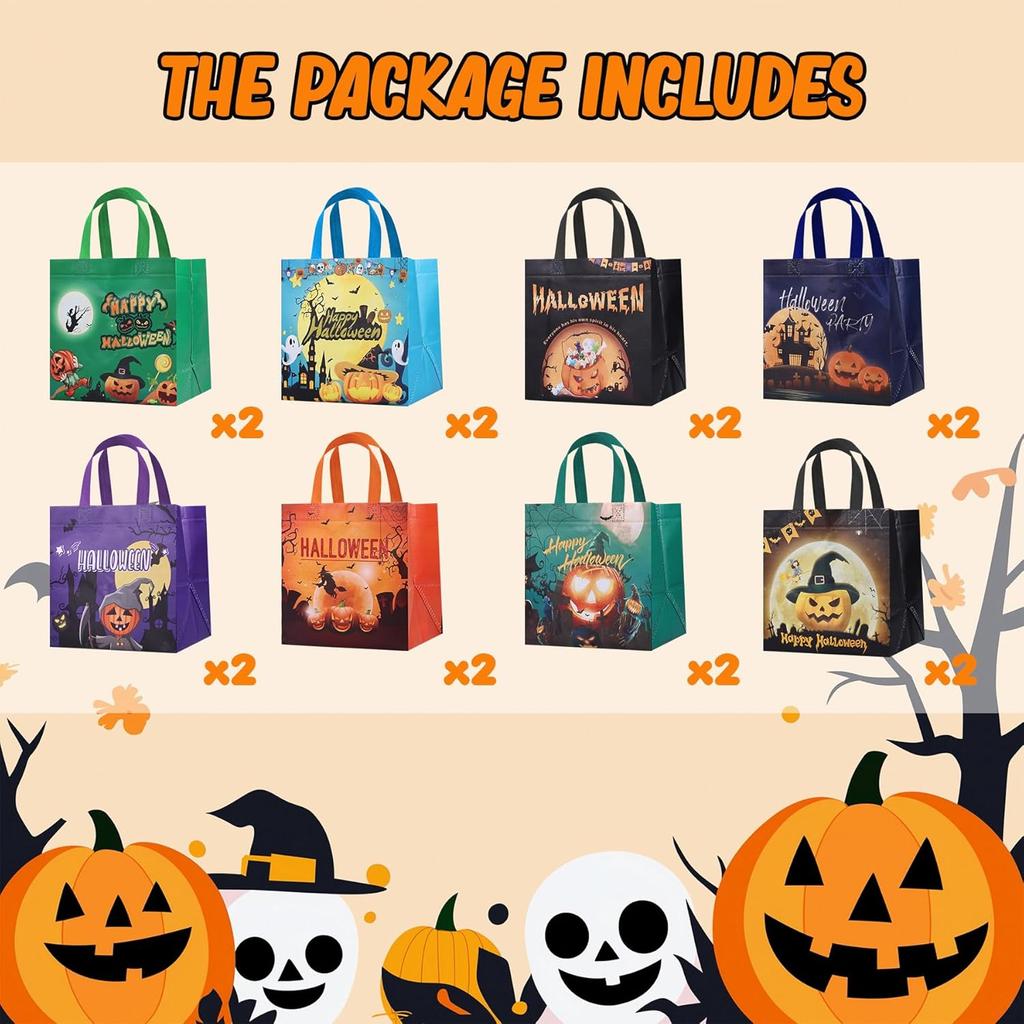 16PCS Halloween Trick or Treat Bags, Large Halloween Tote Gift Bags with Handles, Reusable Non-Woven Candy Bag for Gifts Wrapping, Party Supplies,